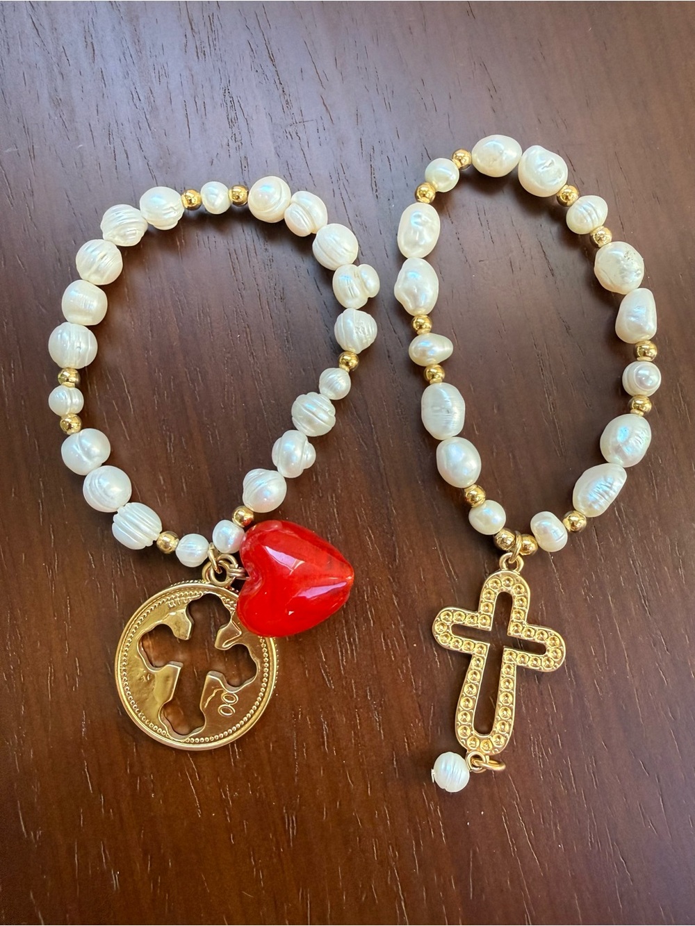 Gold Tone Pearl Beaded Bracelet Set of 2 Cross Heart Charms